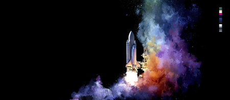 Stylized illustration of a rocket launching into space, amidst a vibrant nebula of colors. The colors are bold and abstract, giving a dramatic and dynamic effect.  The rocket is depicted in a detailed, realistic style, while the nebula is abstract and painterly.の素材