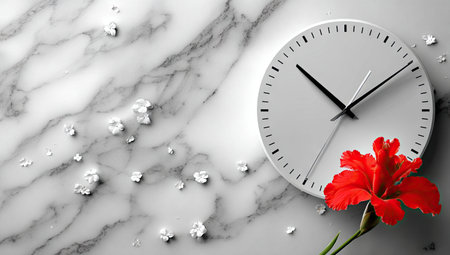 Minimalist composition featuring a white clock and a vibrant red flower, artfully arranged on a gray and white marble surface. Small white flowers are also scattered across the marble.の素材