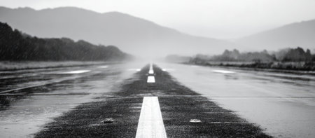 Long, straight road with white painted lines, leading into a blurry, misty mountain range under a heavy rain storm. The road is wet and glistening, and the colors are monochromatic, primarily shades of gray and black, giving a tranquil and thoughtful ambiance.の素材
