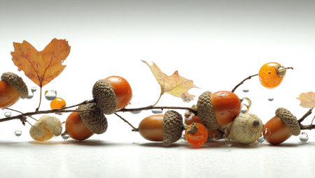 Close-up image of a branch with acorns and autumn leaves,  immersed in water, with water droplets visible.  The branch and the objects are arranged against a plain white background.の素材