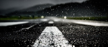 Close-up view of a wet runway during a rainstorm.  The image showcases the texture of the wet asphalt and the glistening raindrops.  The foreground is in sharp focus while the background gradually blurs.  A bright white line is visible down the center.の素材