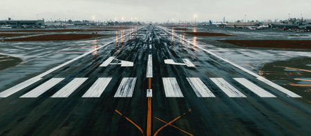 Aerial view of a wet airport runway on an overcast day.  The runway markings are clearly visible, and the tarmac appears damp.  The surrounding airport facilities are visible in the background.の素材