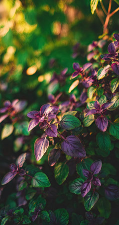 Detailed close-up image of a cluster of plants with leaves exhibiting various shades of purple and green. The image highlights the intricate textures and colors of the foliage, showcasing the vibrant beauty of the natural world.の素材