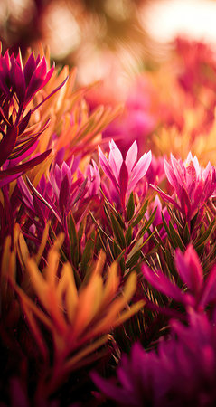 Close-up image of a cluster of colorful flowers and leaves.  The image showcases the intricate details of the vibrant petals and foliage, capturing the richness of the colors in a natural setting.  The focus is on the textures and patterns, with a soft, natural light.の素材