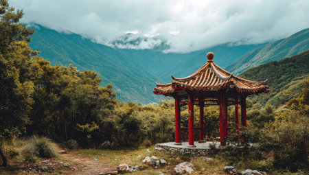 Picturesque gazebo or pavilion is situated amidst a lush forest at the foothills of a mountain range. The gazebo is of traditional Chinese design with a reddish-brown roof and pillars. The surrounding landscape is filled with various shades of green foliage, suggesting a vibrant and serene environment.の素材
