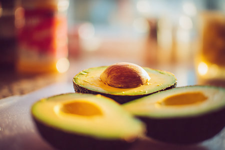 Two halves of an avocado are displayed on a cutting board.  The focus is on the fruit, with the pit clearly visible in one half and the yellow, creamy interior of the other half.  The lighting is natural and the image is a close-up, showcasing the texture and color of the avocado.の素材