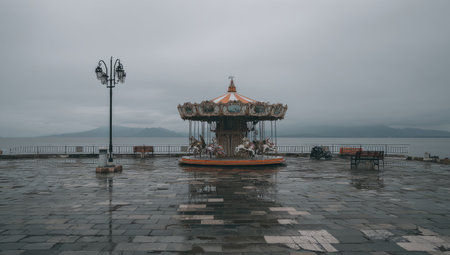 Vintage carousel sits on a wet, paved plaza near a body of water under a cloudy sky.の素材