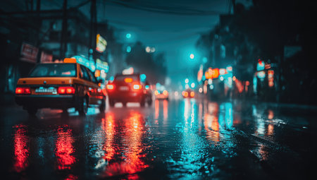Nighttime city street scene, featuring cars and the vibrant reflections of city lights on a wet asphalt road during a rain.の素材