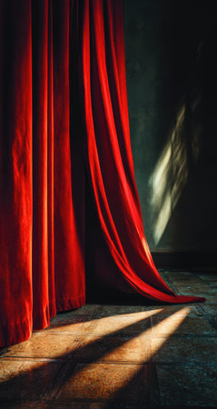 Close-up view of deep crimson velvet curtains. Sunlight streams into the room, casting dramatic shadows on the patterned floor. The rich texture of the fabric and the interplay of light and shadow create a captivating image.の素材