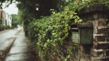 Close-up view of a weathered metal mailbox attached to an old brick wall, covered with lush green foliage. The street and houses in the background are slightly blurred, creating a sense of peaceful tranquility. The overall impression is of a quiet, overgrown urban setting on a rainy day.の素材