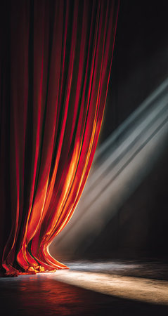 Close-up view of rich crimson theater drapes, with a dramatic shaft of light illuminating the folds and creating a spotlight effect on the stage floor. The deep crimson color and the dramatic lighting create a sense of mystery and anticipation.の素材