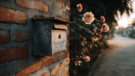 Muted-toned image of a vintage mailbox, mounted to a rustic brick wall, with a row of pink flowers in soft focus in the background. The wall and mailbox are in the foreground and sharply focused, while the background of the street and flowers are gently blurred.の素材