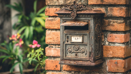 Close-up of an aged, ornate metal mailbox mounted on a brick wall.  The mailbox features decorative patterns and has signs of rust.  Plants and flowers are visible in the background, adding a natural element to the image.の素材