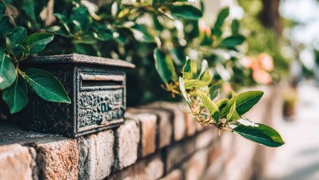 Close-up view of a decorative metal mailbox situated on a brick wall, with lush greenery surrounding it. The focus is on the intricate details of the mailbox and the vibrant green leaves of the plants. The brick wall displays a mix of warm brick colors, and the light suggests a sunny outdoor setting.の素材