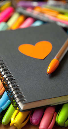 Close-up view of a spiral-bound notebook resting among a collection of colorful pens.  A vibrant orange heart-shaped sticker is placed on the cover of the notebook, along with a pen positioned near it. The pens and notebook are the focal point,  with a soft focus on the surrounding stationery items.の素材