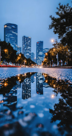 City skyline at night, with tall buildings, is reflected perfectly in a puddle on a wet city street. Trees line the street, and the scene is lit by streetlights.の素材