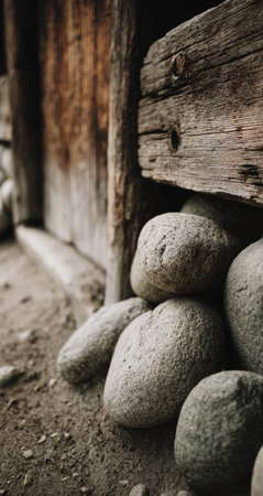 Close-up view of a pile of rounded, gray stones resting at the base of aged, weathered wooden beams. The stones are stacked unevenly against the beams. The ground around the stones is covered in dirt and small stones.の素材