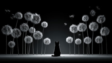 Black silhouette of a cat sits contemplatively amidst a cluster of large, fluffy dandelion puffs against a stark black background. The image evokes a sense of peaceful solitude and fantasy.  The light and shadow play subtly to highlight the intricate details of the dandelion puffs.の素材