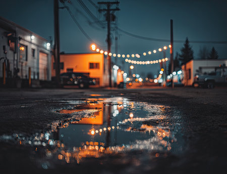 Close-up view of a dark urban street at night, showcasing a puddle reflecting the warm orange and cool blue lights of the city. The buildings and lights in the distance are softly blurred, creating a sense of depth and atmosphere.の素材
