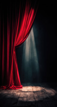 Stage with red velvet curtains open, revealing a spotlight on a wooden floor.  The area behind the curtains and most of the stage is dark.の素材