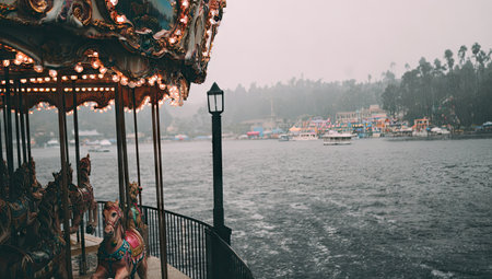 Vintage carousel sits on the edge of a misty lake.  A waterfront town is visible in the background on the other side of the lake, with boats moored in the calm water.  The image is taken on a misty, rainy day.の素材