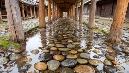 Perspective view of a covered walkway, lined with wooden pillars and paved with various sized round stones. Water collects in the spaces between the stones, reflecting the wooden structures above.の素材