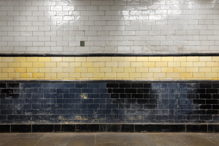 This image features a section of a tiled wall with a variety of textures and colors. The wall is composed of rectangular ceramic tiles arranged in a grid pattern. The color scheme includes shades of white, yellow, and black. The composition appears to be a study of textures and contrasts, suitable for various design projects.の素材