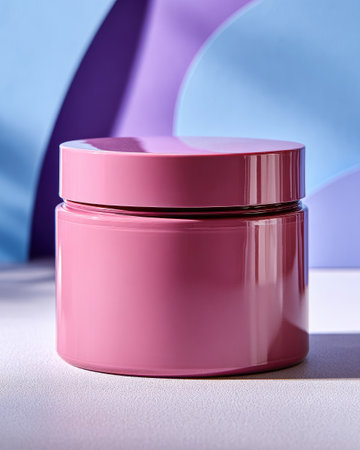 A close-up view presents a cylindrical pink jar, isolated against a background of blue and purple. The smooth, glossy surface of the jar contrasts with the textured backdrop. The composition is lit with soft lighting, creating shadows and highlights, suitable for product showcases and design projects. The image can be used for advertising and marketing materials.の素材
