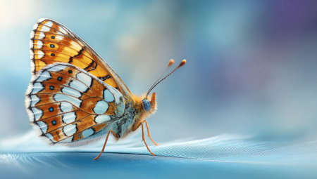 A close-up photograph presents a butterfly with intricate patterns. The insect's wings display orange, brown, and white markings. The composition utilizes a shallow depth of field, with a blurred background of soft blue and purple tones. This image is suitable for various commercial uses.の素材