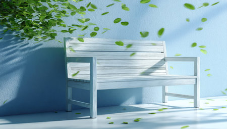A white bench sits against a light blue wall, with green leaves falling gently. The scene features bright sunlight and shadows, creating a tranquil atmosphere. The composition emphasizes simplicity and freshness. This image could be suitable for various commercial or editorial applications such as lifestyle or nature themes.の素材