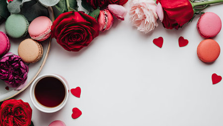 An overhead shot showcases a vibrant arrangement. Rich red roses and delicate pink flowers are artfully placed alongside colorful macarons. A small white cup of coffee sits near the flowers. This composition could be used in projects related to food, design, or lifestyle.の素材