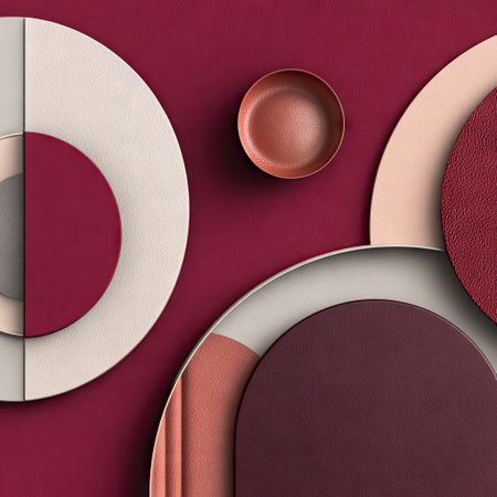 An overhead shot showcases an abstract arrangement of geometric shapes, primarily circles, in various shades of red and beige. The composition features a mix of textures and layering, creating depth and visual interest. The lighting appears diffused, highlighting the color variations. This image could be suitable for design, advertising, or artistic projects.の素材