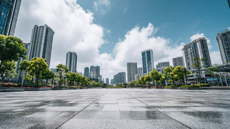 An urban landscape showcases a city skyline, featuring numerous skyscrapers under a vibrant blue sky with fluffy clouds. The composition presents a paved foreground leading towards the buildings. The image conveys a modern architectural design, using natural lighting to highlight the overall environment. Suitable for editorial and commercial applications.の素材