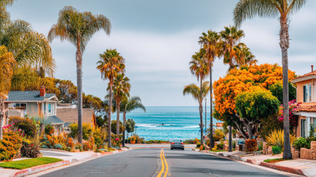 A scenic view captures a road leading towards the ocean, lined with tall palm trees and houses. The image displays natural colors, with a bright sky and calm water. It can be utilized for various commercial purposes, including travel blogs, and website content related to vacations.の素材