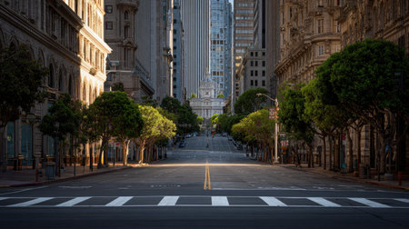 An empty city street is seen from a ground level perspective, with tall buildings lining both sides. The scene features trees and overhead lighting, creating shadows and highlights. The image depicts a clean composition suitable for various editorial and commercial applications.の素材