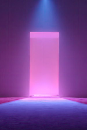 An illuminated doorway is presented in a room, bathed in a gradient of purple and blue lighting. The minimalist composition features clean lines and smooth textures, suggesting a futuristic or conceptual setting. The image could be suitable for use in design projects or for themes related to technology and creativity.の素材