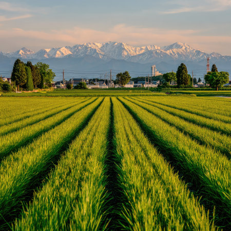 An expansive green field, possibly a crop field, dominates the foreground. The image presents parallel rows with a mountain range on the horizon. The composition uses natural light. The photograph could be used for various commercial or editorial purposes.の素材