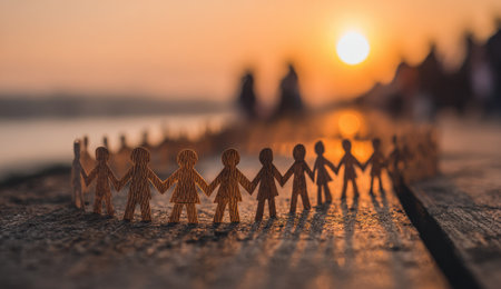 A group of interconnected paper figures forms a circle, holding hands, positioned against a soft sunset. The composition features warm colors, with long shadows cast by the figures on a wooden surface. This image suggests concepts of unity and connection, suitable for various editorial and commercial applications.の素材