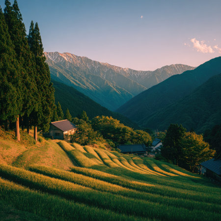 A vibrant image depicts a mountainous terrain with cultivated fields and small structures. The composition showcases verdant green fields that lead to a backdrop of high mountains under a clear blue sky. The scene is bathed in warm sunlight, suggesting daytime and a peaceful, natural environment suitable for various commercial purposes.の素材