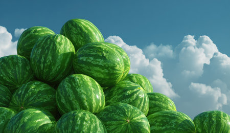 A close-up view displays a large pile of watermelons with their vibrant green skin. The melons are stacked against a backdrop of a bright blue sky filled with fluffy white clouds. The image conveys freshness and abundance, suitable for various editorial and commercial applications.の素材