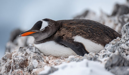 A penguin rests peacefully atop a collection of rocks, its black and white feathers contrasting against the muted tones of its environment. The close-up shot highlights the animal's features, including a bright orange beak. The image suggests a cold, natural setting and could be used for various commercial or editorial purposes.の素材