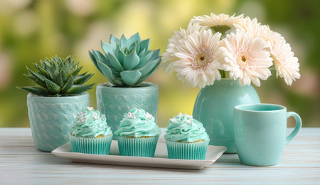 A close-up captures pastel-colored elements including cupcakes succulents and flowers arranged on a table. The composition showcases a soft color palette with a blurred background. This image is suitable for use in design projects food blogs or lifestyle articles. The scene could be suitable for creating visually appealing content.の素材