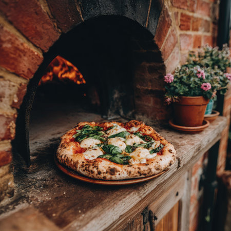A freshly baked pizza is presented near a brick oven, showcasing a culinary scene. The composition features warm tones and textures of the brick and wood with an overhead view. The arrangement hints at preparation and dining, suitable for culinary advertising or editorial use.の素材