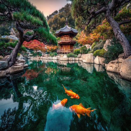 This image showcases a serene pond reflecting a traditional pagoda. Three bright orange koi fish gracefully swim in the turquoise water. The scene incorporates lush green trees, and colorful autumn foliage, with soft sunlight. This visual could be used in various commercial or editorial contexts.の素材