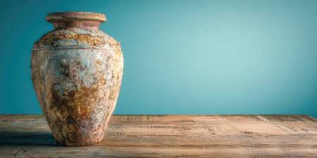A decorative ceramic vase stands on a wooden surface, set against a solid turquoise backdrop. The vessel exhibits a mottled, textured surface with earth-toned colors. The composition is simple, with soft lighting enhancing the visual appeal. Suitable for various editorial or commercial projects.の素材