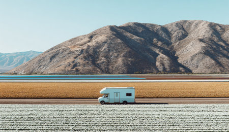 An RV travels along a highway, set against a backdrop of a mountain range and open land. The scene features a clear blue sky, suggesting a sunny day. It can be used for travel, adventure, and lifestyle concepts, as well as for commercial and editorial purposes.の素材