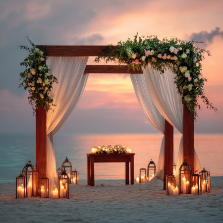 An outdoor scene showcases a wooden arch adorned with flowers and flowing white fabric. The composition features soft lighting, candles, and a table. The backdrop highlights a calm ocean and a colorful sky. This image may be suitable for events, celebrations, or general decorative projects.の素材