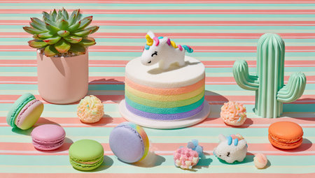 An assortment of colorful macarons and a cake topped with a unicorn figurine are arranged on a striped background. Various colors are present. The image showcases a playful composition suitable for illustrative purposes. The bright colors and arrangement suggest possible uses in advertising or design projects.の素材