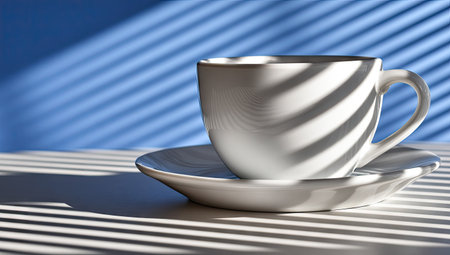 A white coffee cup sits on its saucer with a bright blue background. Horizontal shadows create striped pattern across surface. The image uses sharp lighting with a minimalist style. Suitable for advertising, print materials, or any project that requires clean, simple visuals.の素材