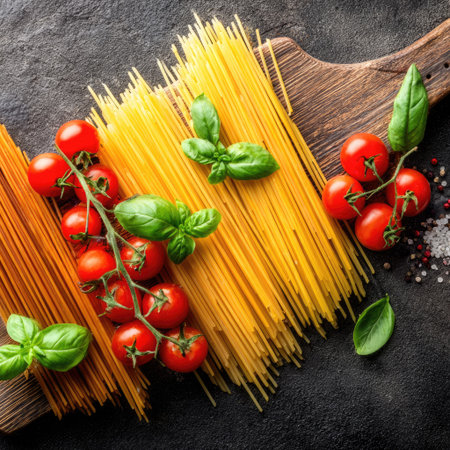 This image presents raw spaghetti noodles, fresh red tomatoes, and green basil leaves. The composition is arranged on a dark wooden surface, creating a contrast. Overhead lighting illuminates the ingredients. This photo is suitable for culinary, food, and recipe related projects.の素材